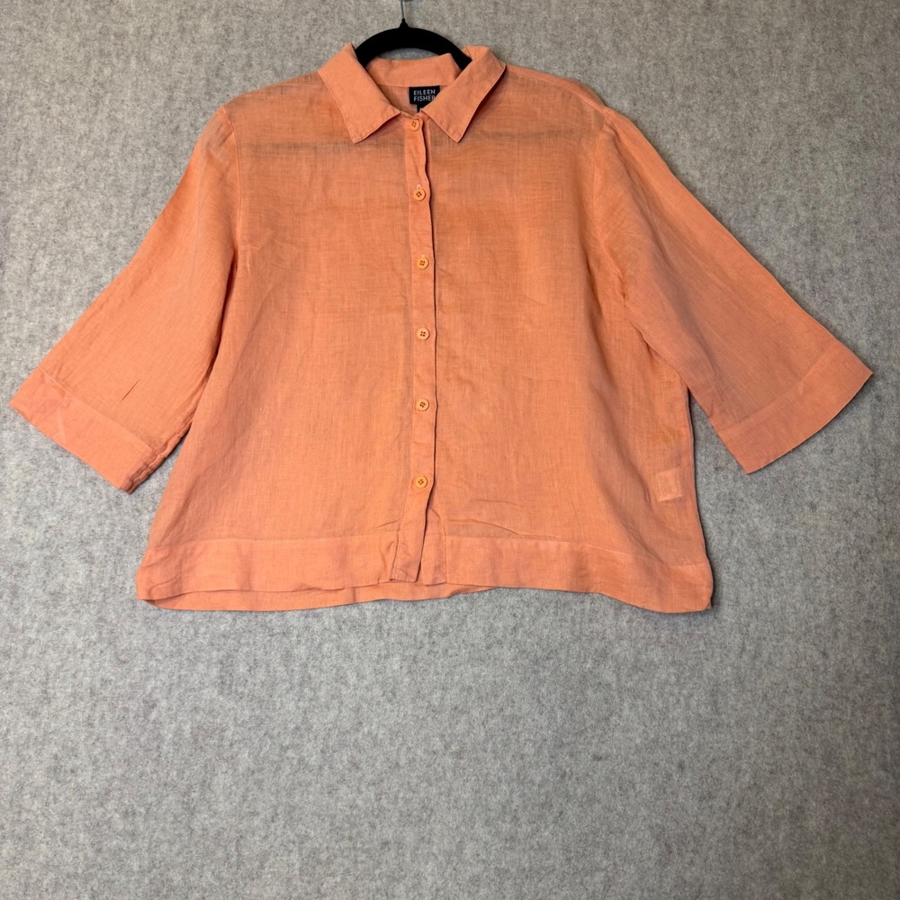 Eileen Fisher Irish Linen Crop Button Up Shirt Womens S Orange Relaxed Boxy USA